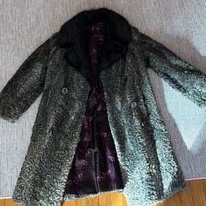 Elegant Black and Gray Persian lamb and Mink trim fur coat Women's Coat